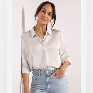 Evereve Satin Light Gray Button-Down Blouse
